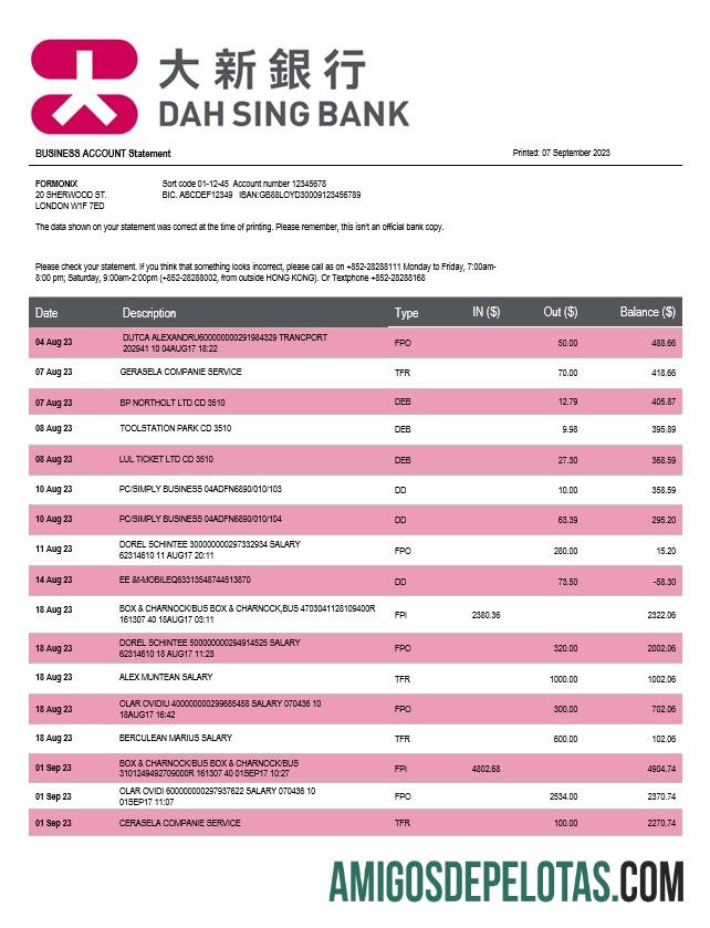 Em branco Dah Sing empresa bancária extrato de conta corrente modelo Word e PDF
